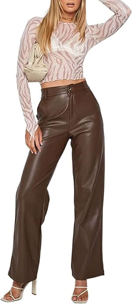 Shuyun Women Faux Leather Pants Solid Color High Waist Straight Wide Leg Leggings Slim Fit Trouse... | Amazon (US)