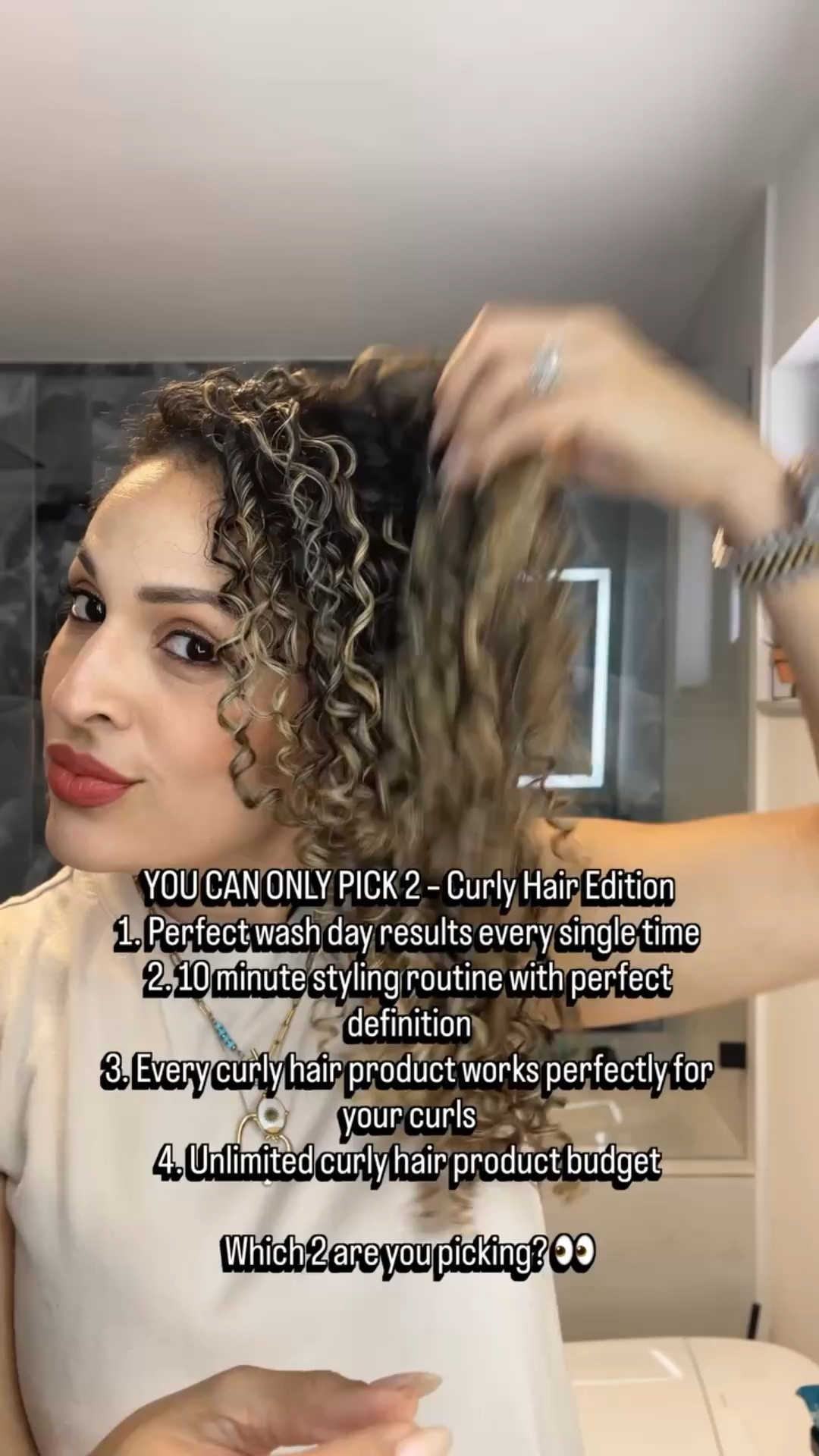 Curly girls, this is a tough one.

If you could only pick two, what would it be? Perfect wash day results every time, a 10 minute styling routine with amazing definition, every curly hair product working perfectly for your curls, or an unlimited curly hair product budget.

Having curly hair means we are always balancing time, products, and techniques to get the results we want. Some days the routine is quick, and other days it is a full wash day moment.

I am curious… which 2 are you choosing?

curly hair routine, curly hair struggles, wash day routine, curly hair styling, curl definition, curly hair products, curly hair community, curly hair tips

#curlyhair #curlyhairroutine #washday #curltips #curlyhaircommunity