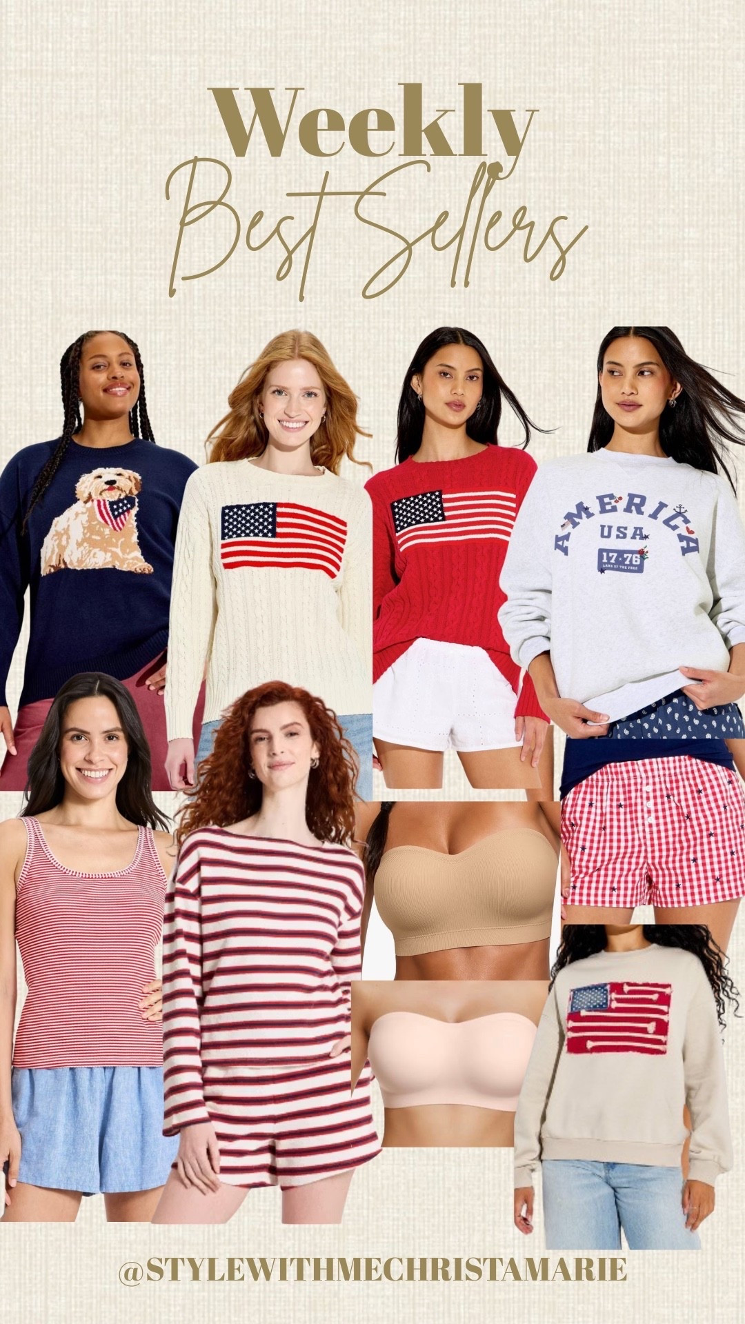 Weekly best sellers 
1 + 2. Target patriotic sweaters 
3. Target striped 3 piece set 
4. Target striped tank and shorts 
5. Amazon strapless bras 
6. Target sweater and boxer shorts 
7. Target graphic tees

#LTKgrwm #LTKootd #LTKmomlife