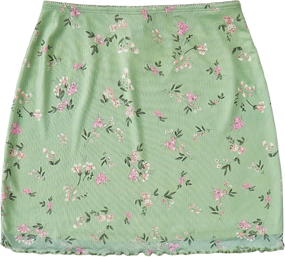 Floerns Women's Floral Print Lettuce Trim Mesh Boho Bodycon Mini Skirt | Amazon (US)