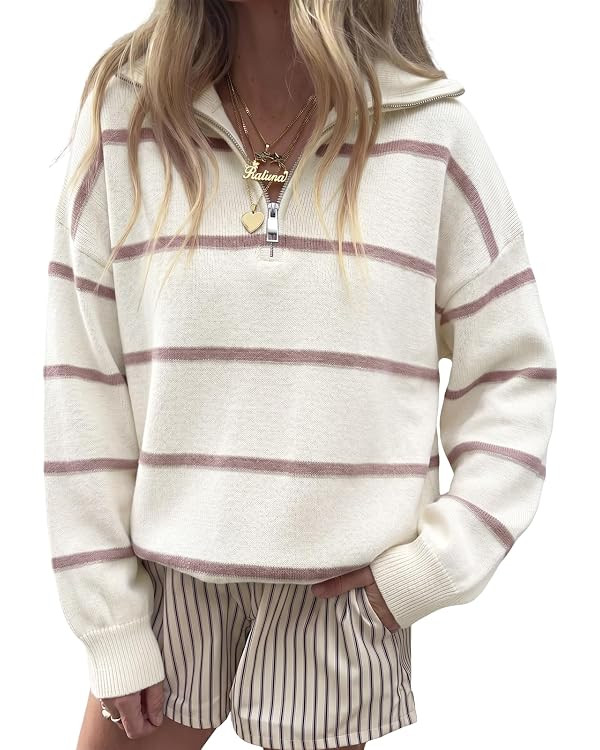 Fisoew Womens Quarter Zip Striped Sweater Oversized Turtleneck Pullover Top | Amazon (US)