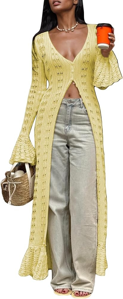 Unybwonn Long Cardigans for Women Crochet Hollow Out Knit Sweater Cover up Maxi Dress Long Sleeve... | Amazon (US)