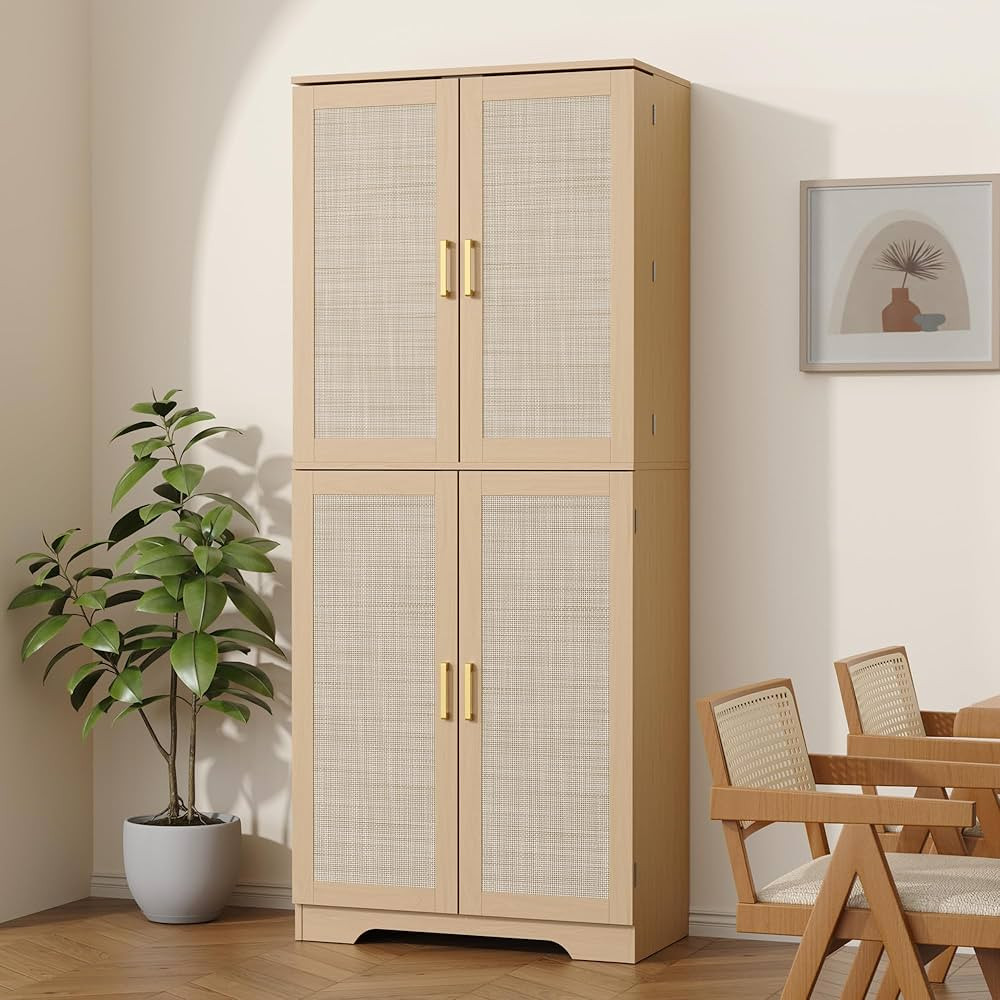 72" Tall Kitchen Pantry with Rattan Doors, Storage Cabinet with Organizer, Adjustable Shelves, Wo... | Amazon (US)