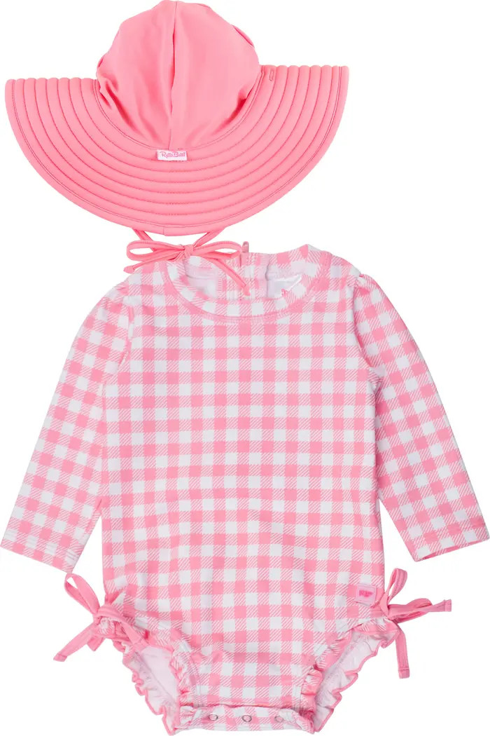 Bubblegum Gingham Long Sleeve One-Piece Rashguard Swimsuit & Hat Set | Nordstrom
