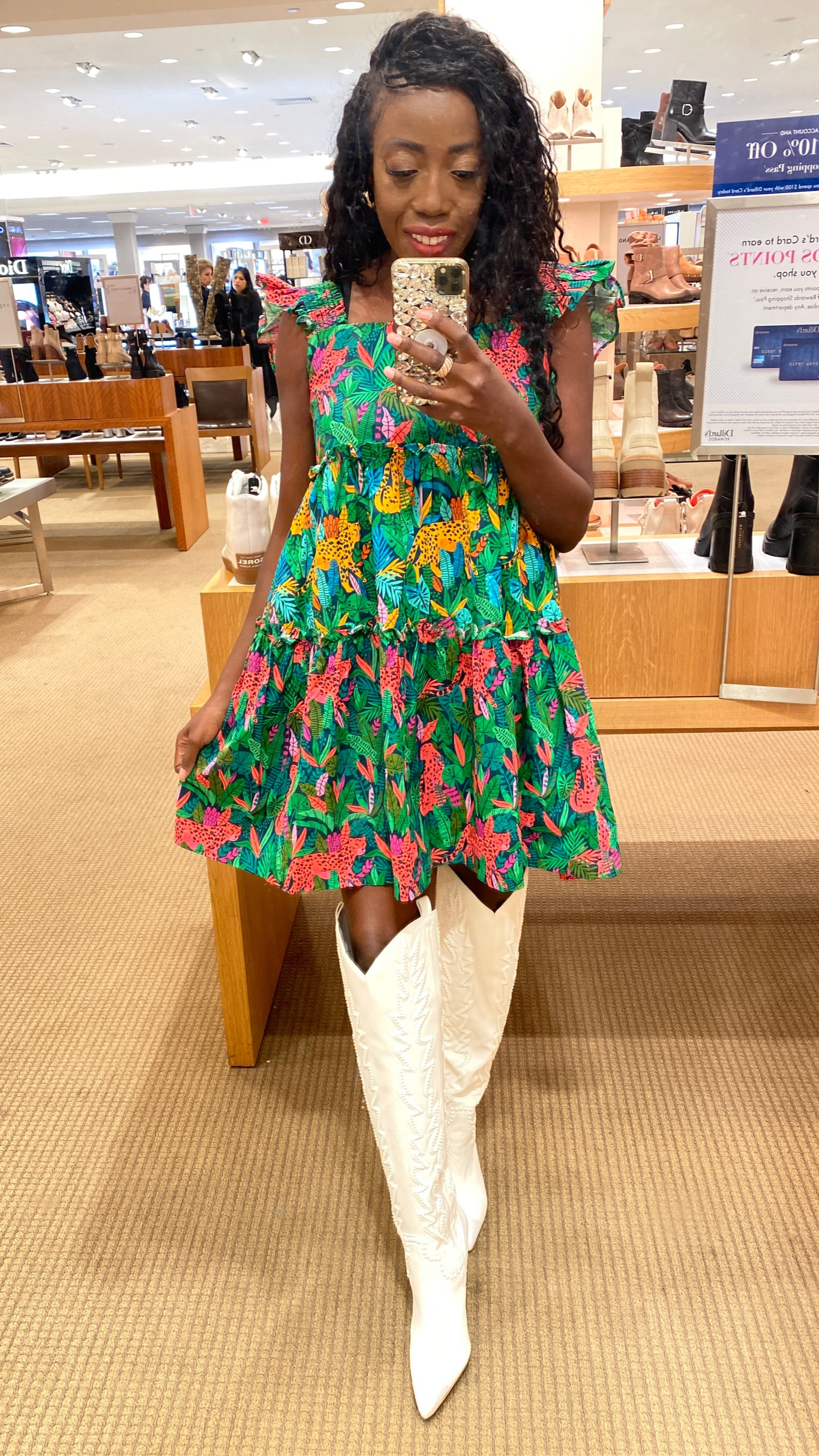 Found the cutest cowgirl boots today while shopping. The heels are not too high. Comes in two other colors (Denim and Black). True to size. I’m wearing a size 9.5. 
My dress has tropical pinks all over. Bought it a few months ago. True to size. I’m wearing a small. 
For reference, I’m 5’6” in height. 
Feel free to ask me any questions. 

Fall Boots, Boots, Travel Outfit, 

#TheFabulous1Blog 

#LTKstyletip #LTKSeasonal #LTKshoecrush