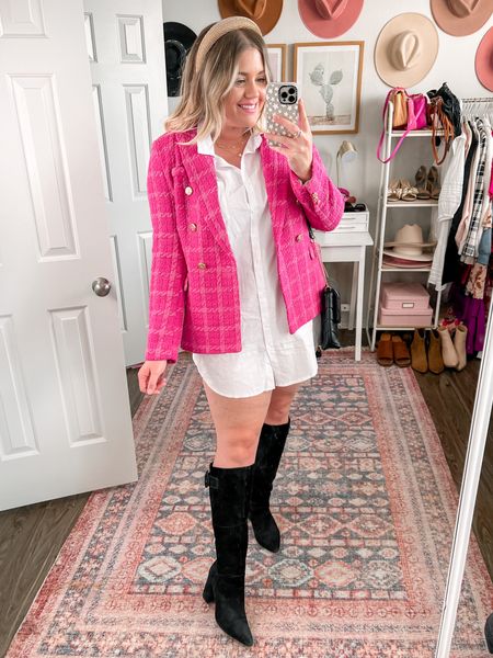 Pink tweed blazer, plaza Princess, gossip girl, preppy outfit, fall outfit, white shirt dress, black boots

#LTKunder100 #LTKcurves