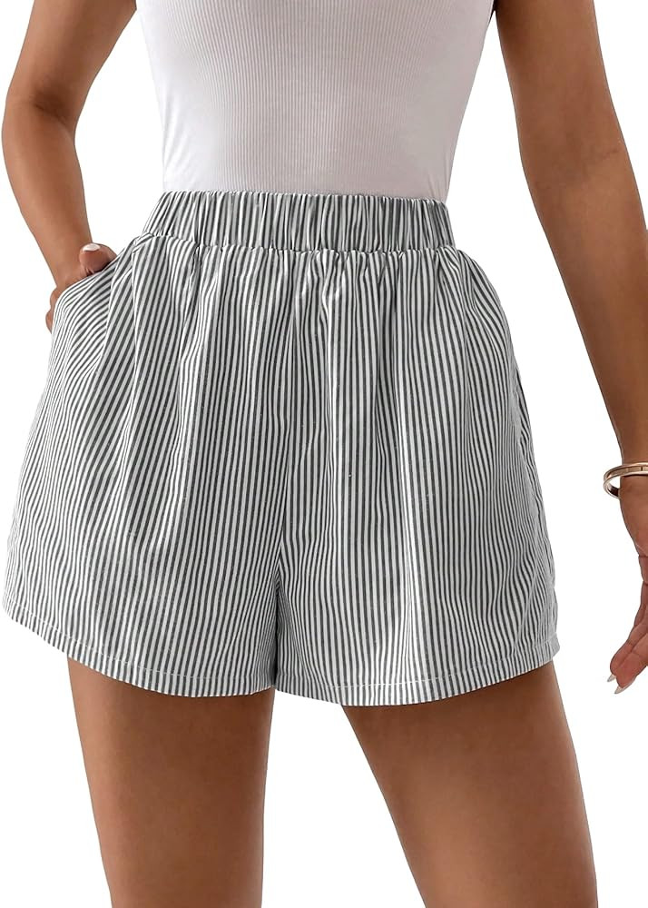 Floerns Women's Striped Print Elastic High Waist Wide Leg Casual Shorts | Amazon (US)