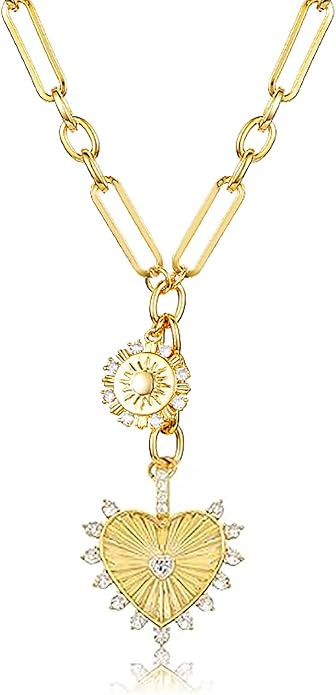 Chunky Charm 18k Gold Plated Choker Necklace for Women,Sun Heart Evil Eye Pendant Paperclip Chain... | Amazon (US)