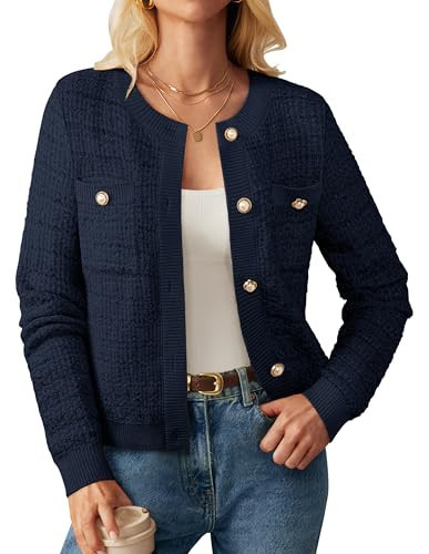 GRACE KARIN Womens Open Front Button Down Long Sleeve Texture Knit Cardigan Sweaters with Pockets Royal Blue | Amazon (US)