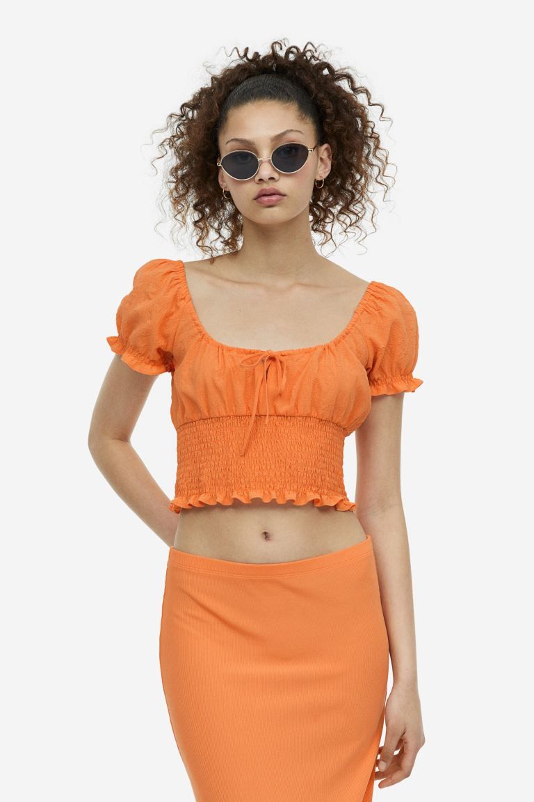 Puff-sleeved Smocked Blouse - Orange - Ladies | H&M US | H&M (US)