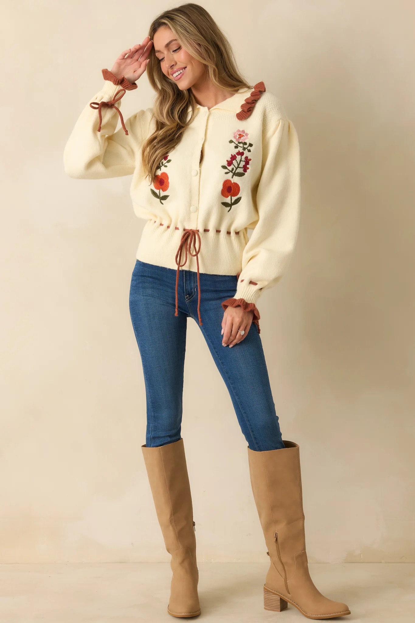 Harvest Bloom Ivory Floral Embroidered Button Up Cardigan Sweater | Red Dress