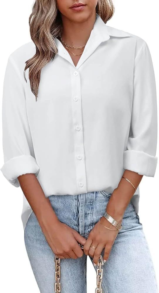 ONLYSHE Blouse for Womens Casual Button Down Long Sleeve Shirts Collared Dressy Loose Fit Tunic V Ne | Amazon (US)