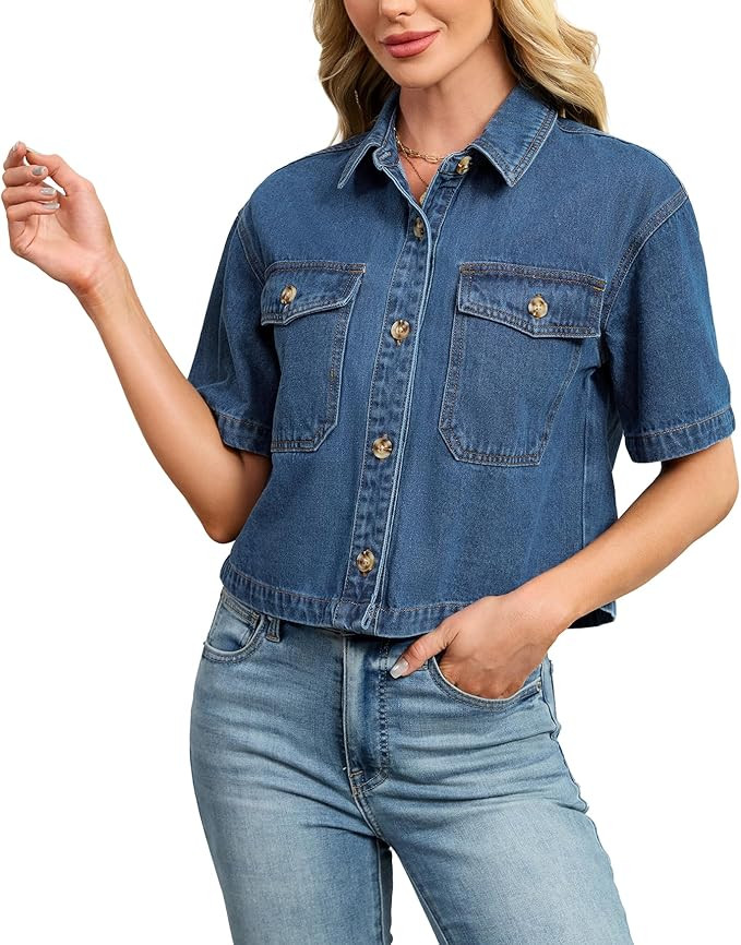 Kedera Womens Crop Denim Shirt Short Sleeve Button Down Short Jean Jacket Trendy Jean Tops Shacke... | Amazon (US)