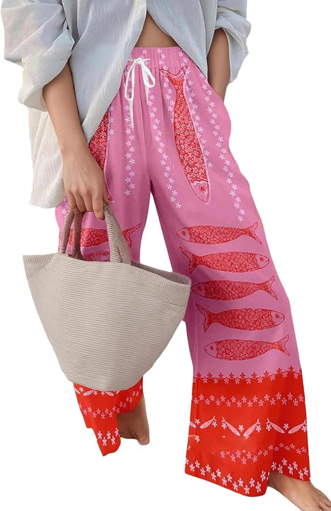 Women's Sardine Graphic Palazzo Pants Elastic Wide Leg High Waisted Beach Vacation Long Trousers ... | Amazon (US)