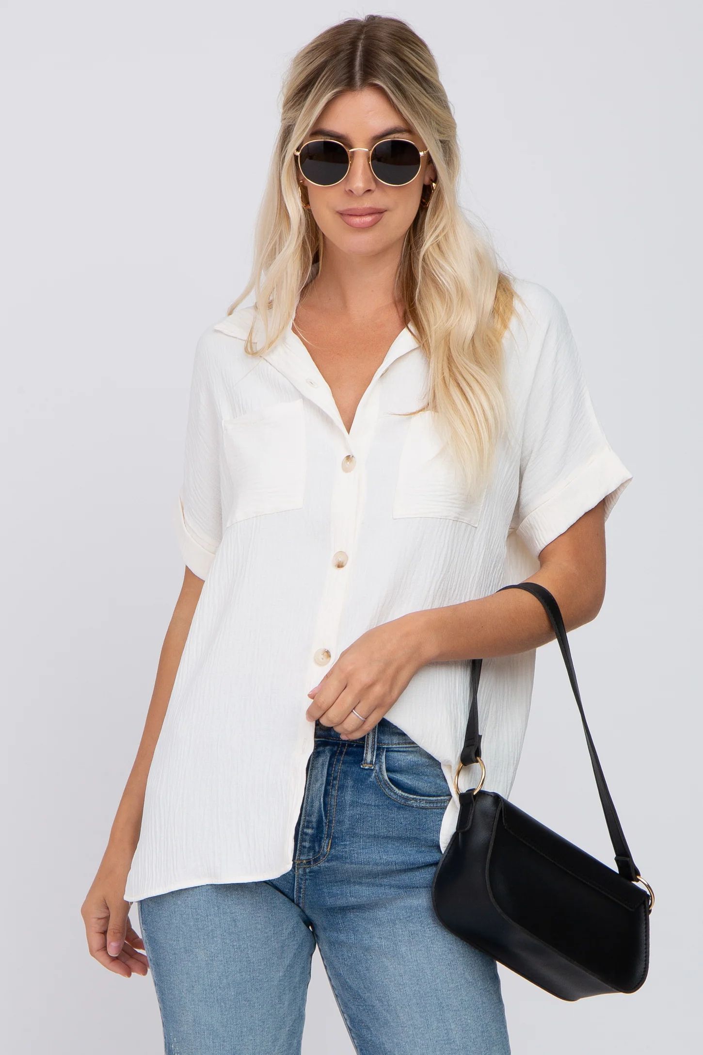 Ivory Collared Button-Down Short Sleeve Maternity Blouse | PinkBlush Maternity