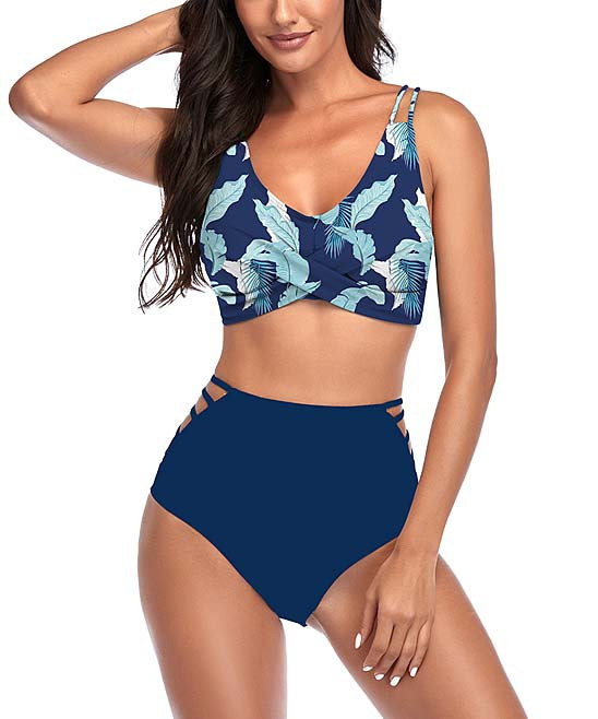 Nidalee Women's Bikini Bottoms Dark - Dark Blue Leaf Wrap-Front Bikini Top & High-Waist Bottoms - Wo | Zulily