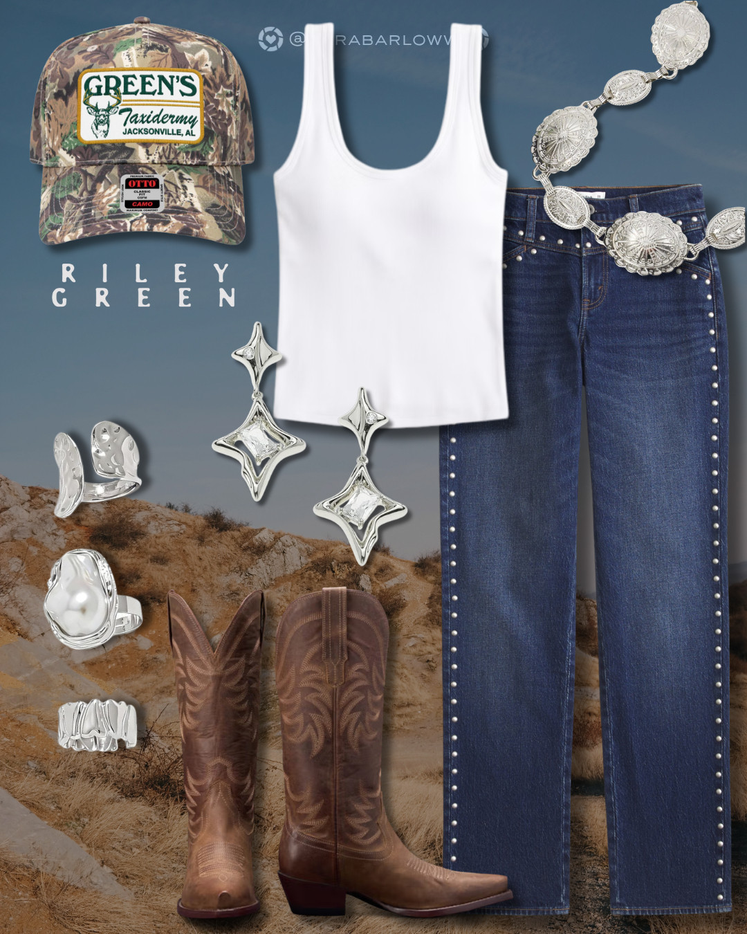 for my cool girls headed to stagecoach this weekend - here's a fool-proof way to rock your riley green merch and still be the talk of the desert. your effortless festival queen style starts with the perfect pair of studded dark wash denim jeans paired with a staple basic white tank. accessorized with stunning silver jewelry and belt, this look can't be beat. buy the riley green camo hat on his website!  

 #LTKFestival #LTKootd #LTKSeasonal