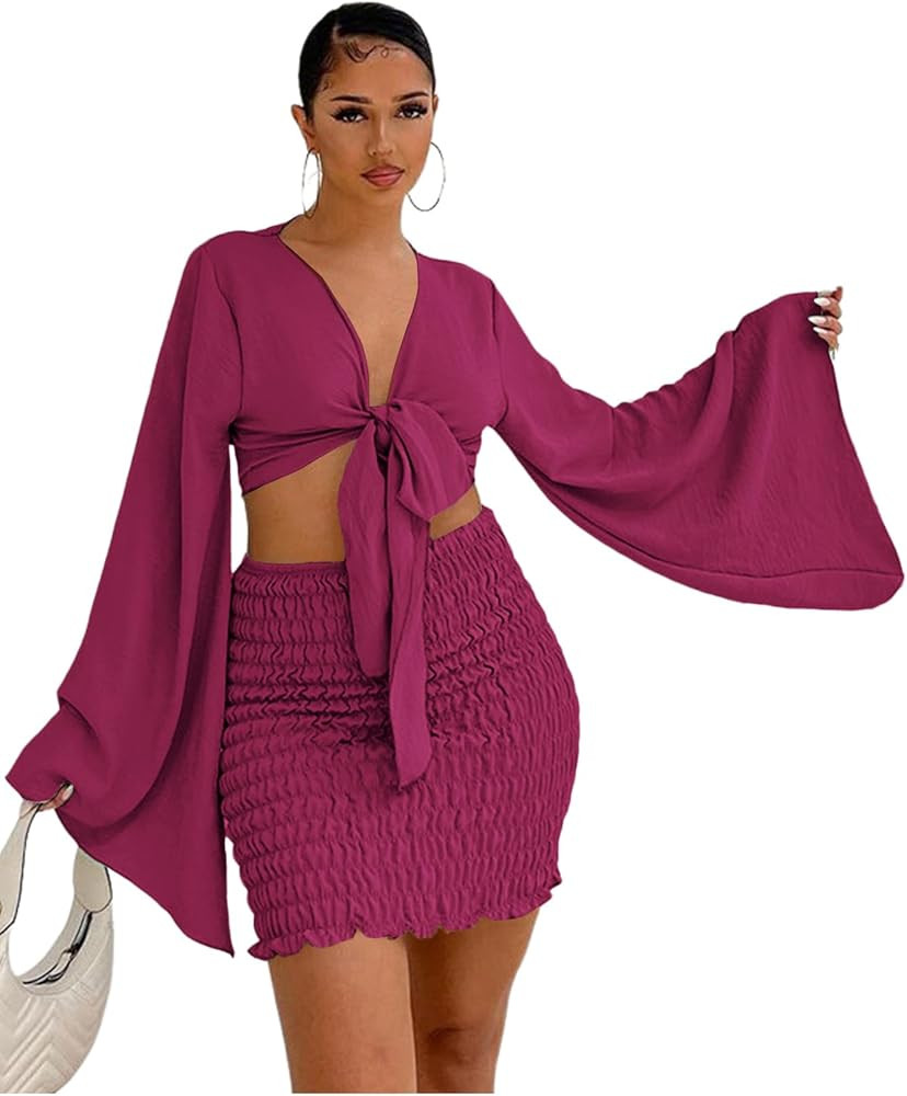 LYANER Women's 2 Piece Outfits Tie Knot Front Bell Long Sleeve Crop Top and Mini Skirt Set | Amazon (US)