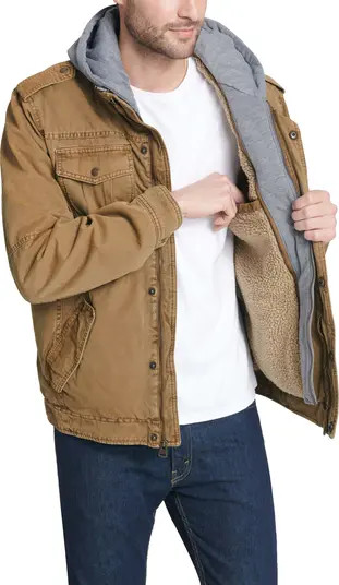 Levi's® Washed Cotton Faux Shearling Lined Hooded Military Jacket | Nordstromrack | Nordstrom Rack