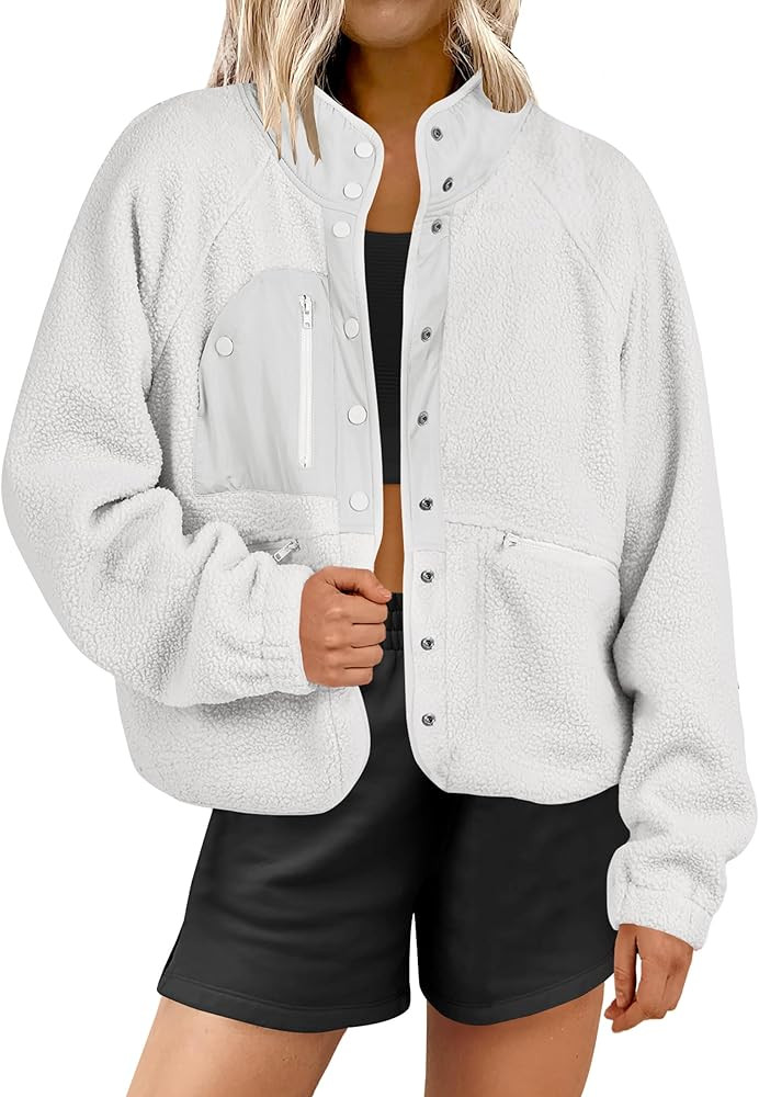 ANRABESS Womens Fuzzy Fleece Jacket Fall Casual Long Sleeve Cropped Sherpa Button Down Shacket Co... | Amazon (US)