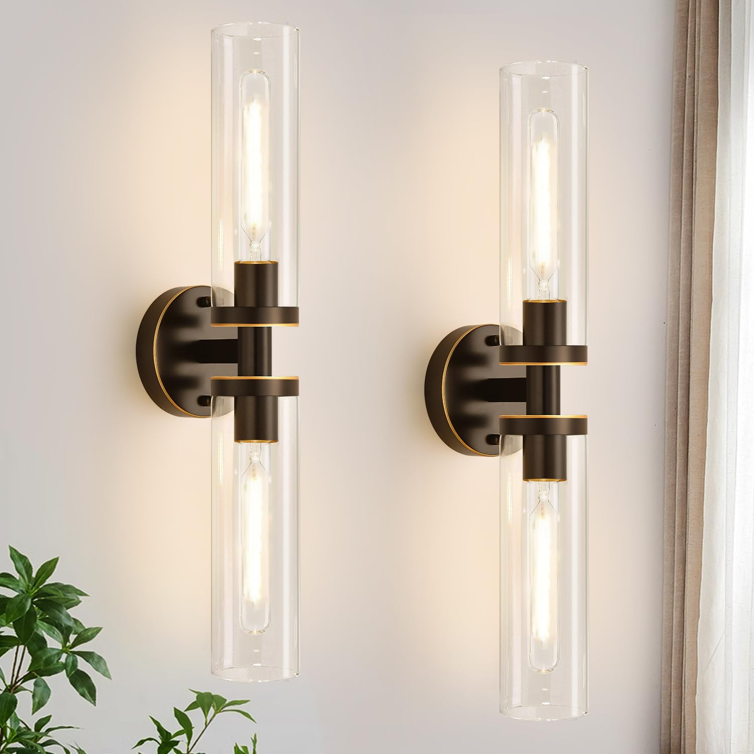 Wall Sconces Set of Two, Hardwired Brown Bathroom Sconces Wall Lighting with Clear Glass, Modern ... | Amazon (US)