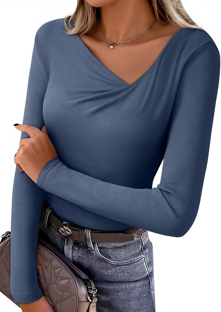 EVALESS Women's Long Sleeve Asymmetrical Neck Ruched Slim Fit Shirts 2026 Spring Fashion Casual T... | Amazon (US)