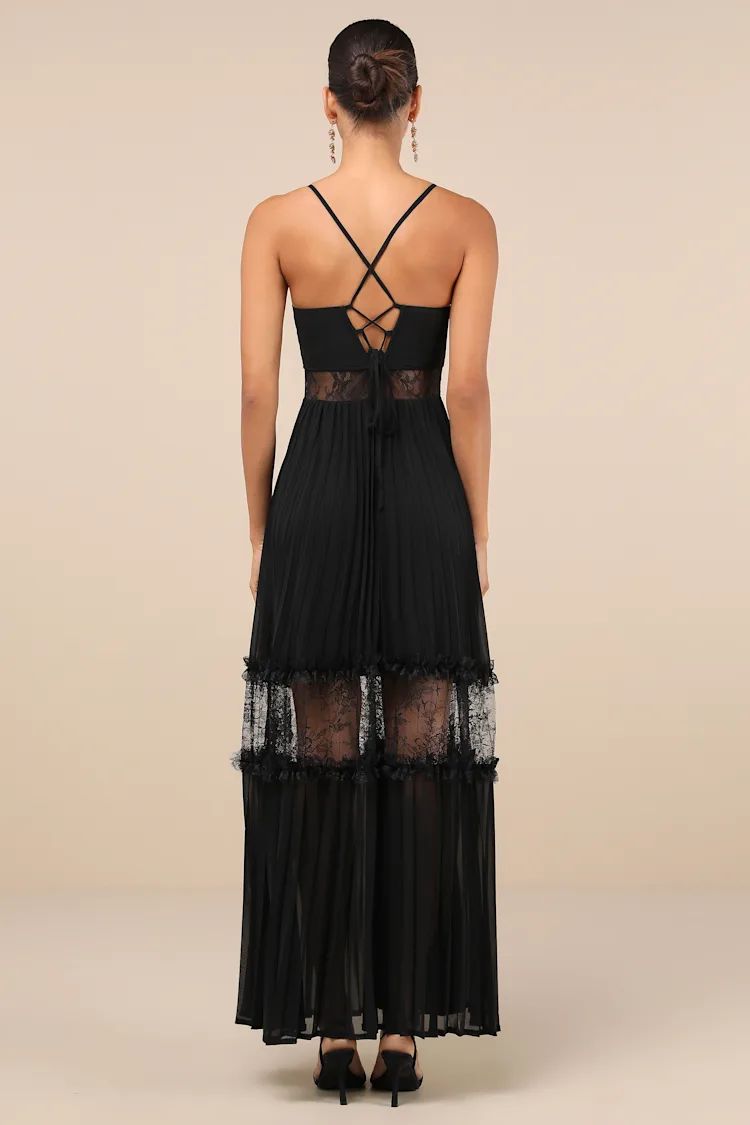 Deeply Stunning Black Lace Pleated Lace-Up Backless Maxi Dress | Lulus