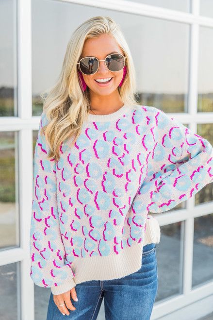 Embrace The Wild Fuschia/Aqua Animal Print Sweater | The Pink Lily Boutique