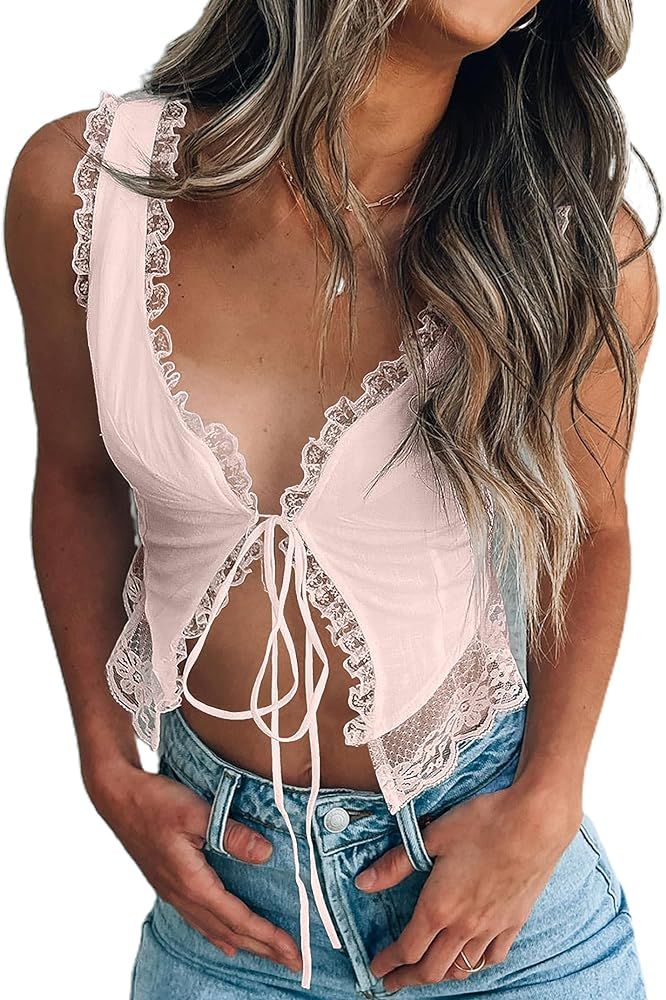 Women's Sexy Sleeveless Lace Tirm Open Front Tie Up Crop Top Asymmetrical Hem Tank Shirt | Amazon (US)