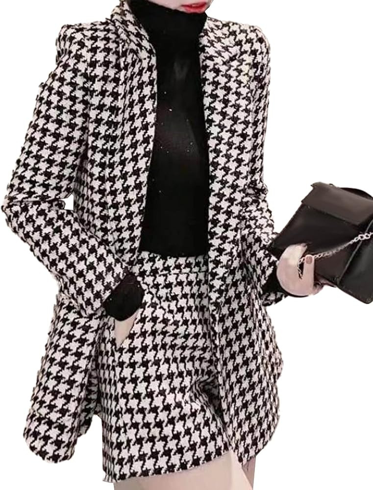 SOMTHRON Women's Houndstooth 2 Piece Outfits Long sleeve Open Front Blazer Jacket Shorts Elegant ... | Amazon (US)