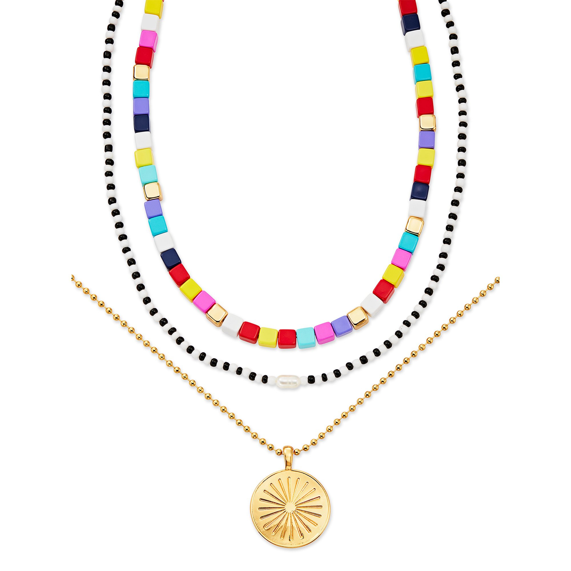 Scoop 14K Gold Plated Multi-Color Bead and Faux Pearl Layered Necklace with Coin Pendant, 16"+ 2"... | Walmart (US)