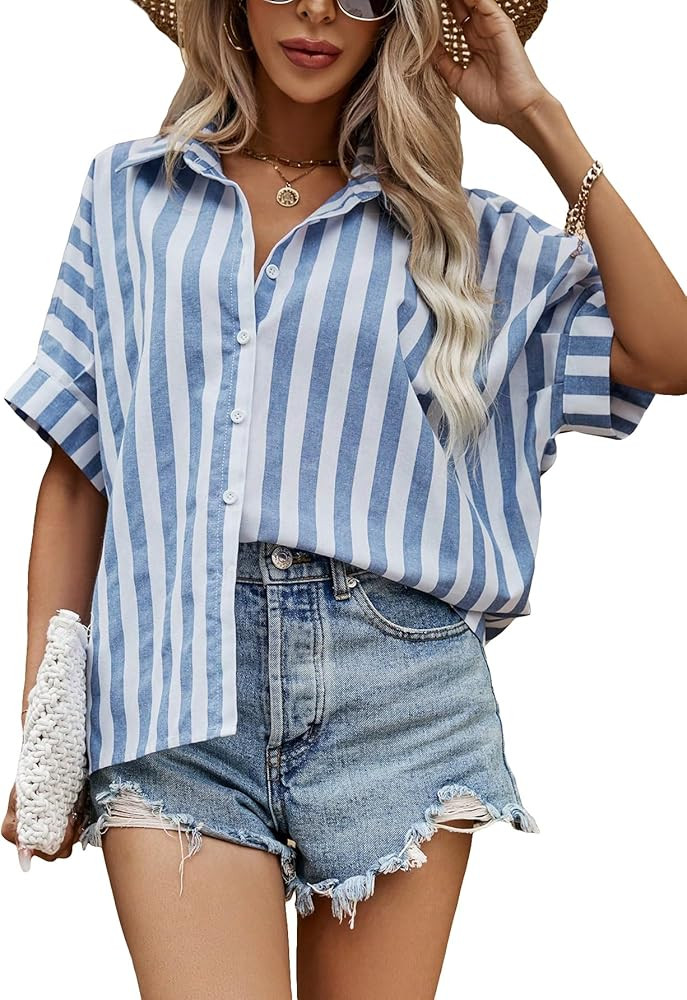 Verdusa Women's Half Sleeve Striped Loose Button Down Blouse Shirt Top | Amazon (US)