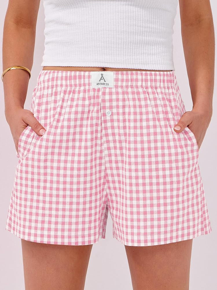 ANRABESS Boxer Shorts for Women Gingham Pajama 2026 Summer Casual Lounge Sleep Plaid Shorts Y2K B... | Amazon (US)