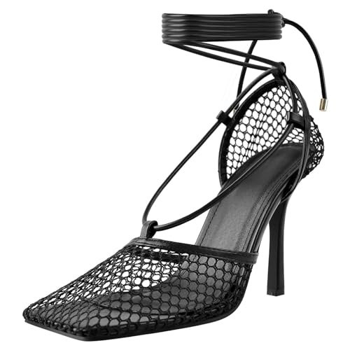 olomisa Mesh Heels for Women, Wrap-up Heel Square Toe Stiletto High Heel Strappy Heeled Sandals Sexy Lace Up Fishnet Heels | Amazon (US)