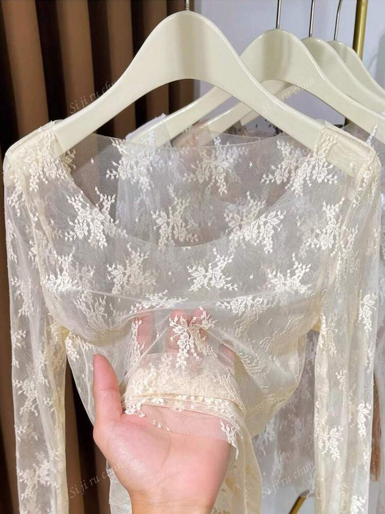 Women's Round Neck Lace Cami Top, Fashionable Layering Sheer Mesh Transparent Blouse, Suitable Fo... | SHEIN