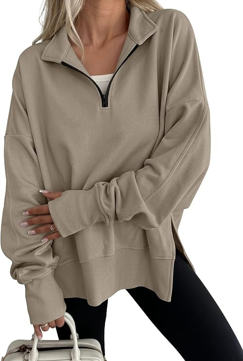 ANRABESS Womens Quarter Zip Pullover Oversized Sweatshirts | Long Sleeve V Neck Zip Up Collared T... | Amazon (US)