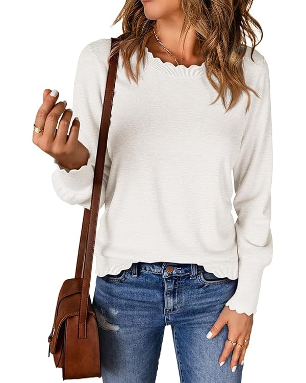 Cicy Bell Womens Crew Neck Long Sleeve Sweater Trendy Casual Scallop Trim Fall Knit Lightweight P... | Amazon (US)