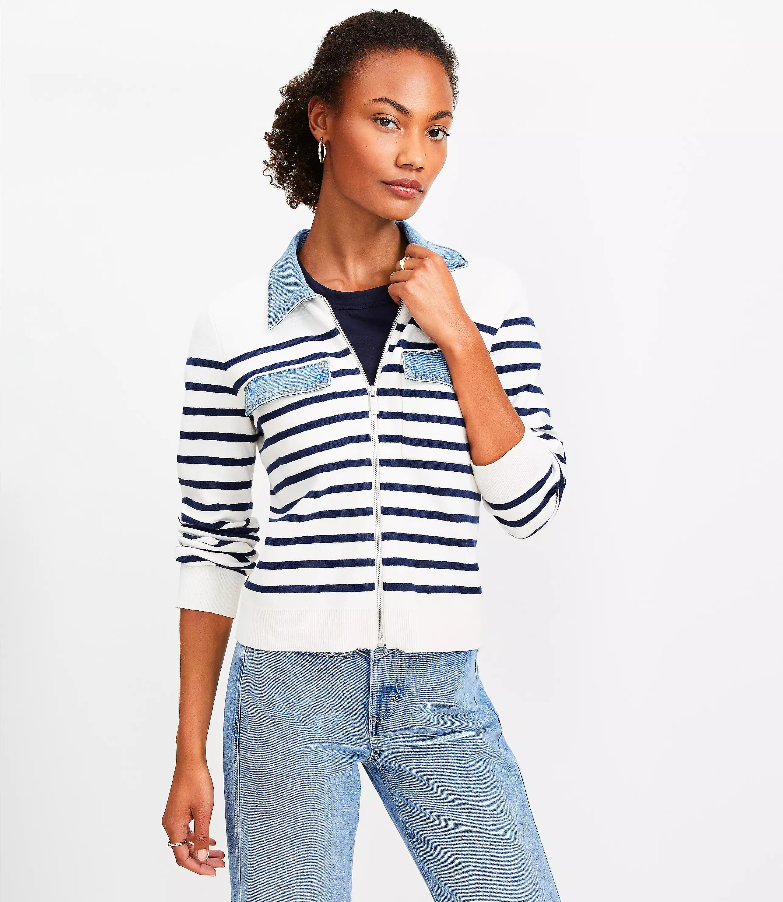 Denim Striped Zip Sweater Jacket | LOFT