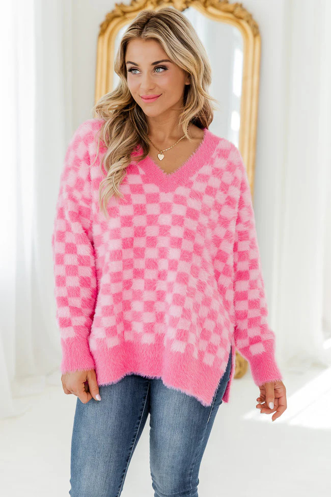The Space Between Pink Fuzzy Checkered Sweater DOORBUSTER | Pink Lily