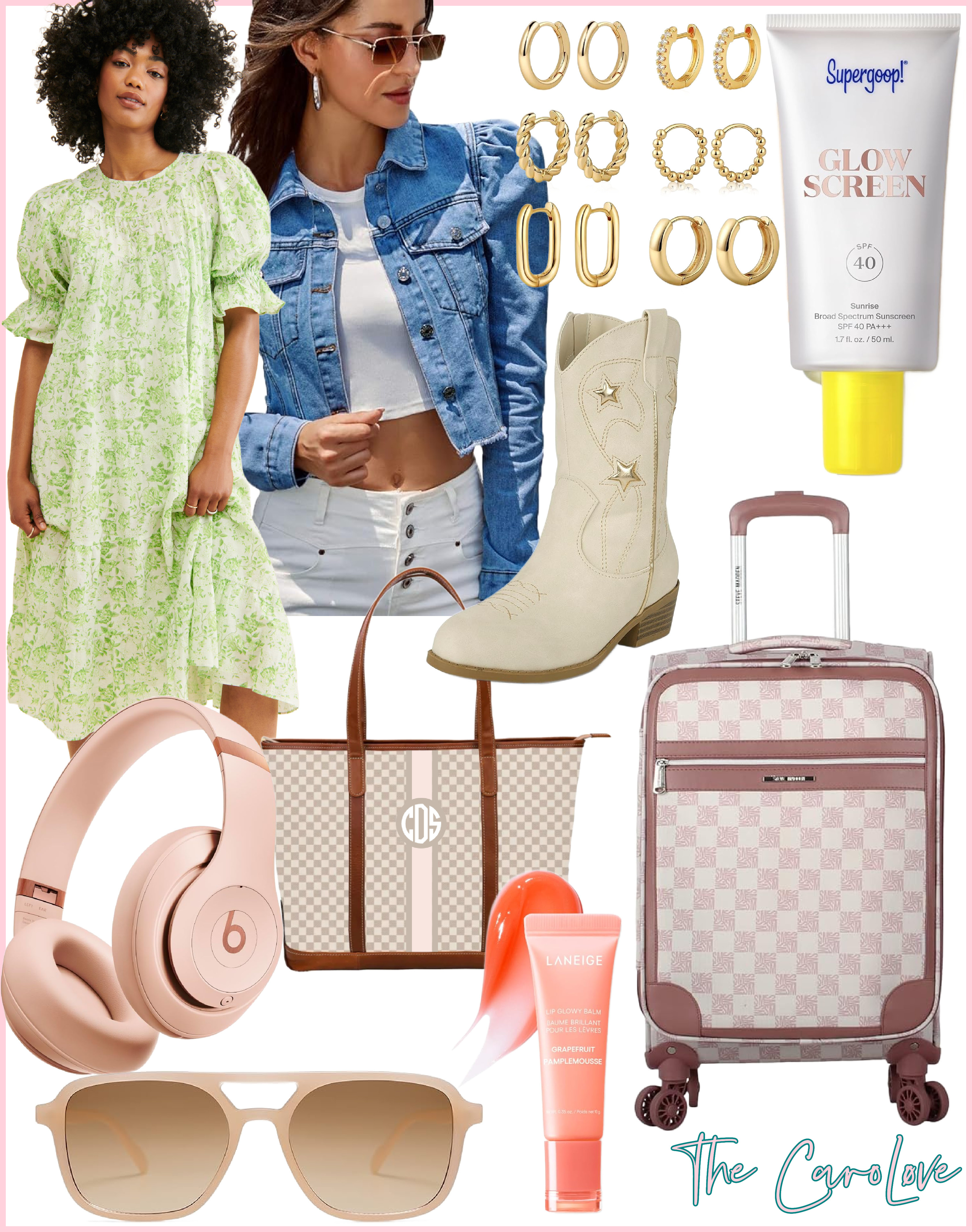 Getting travel-ready for my work trip to Texas! 🤠✈️ I put together the perfect comfy-chic airport outfit featuring a rented Victoria Midi Dress from Nuuly, a puff sleeve denim jacket, and the cutest cowgirl boots (yes, they're from the kids' section!). Linked my full look including my pink Steve Madden suitcase, favorite tote, sunnies, and more must-haves for a stylish flight. Save this for your next conference or vacation travel day! #TravelStyle #WorkTripOutfit #AirportOutfit #TexasTravel #ConferenceStyle #TravelEssentials 

 #LTKMidsize #LTKStyleTip #LTKBeauty