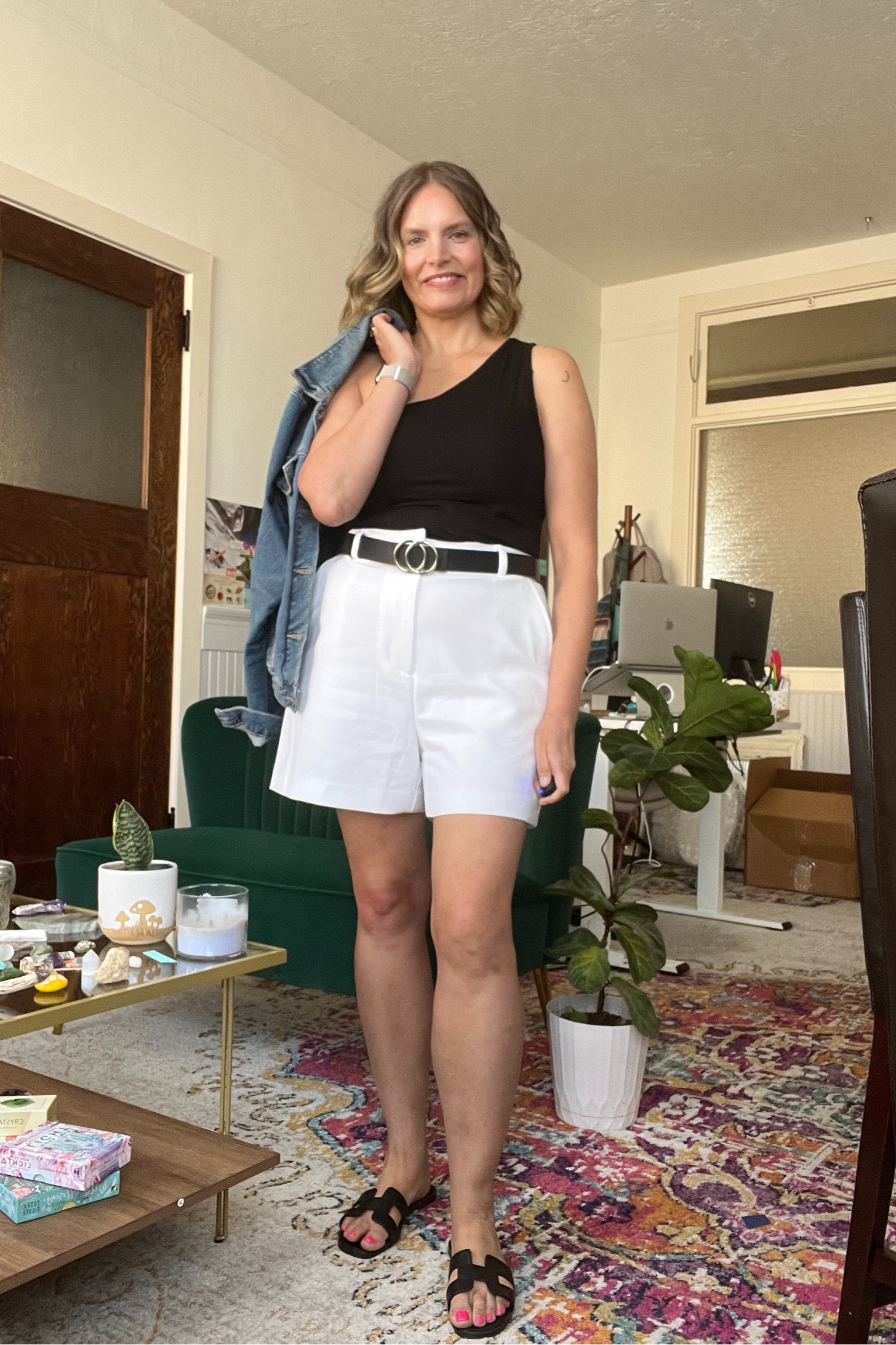 Summer outfit code: one shoulder top, white trouser shorts, black sandals and optional denim jacket

#LTKSeasonal #LTKstyletip #LTKmidsize