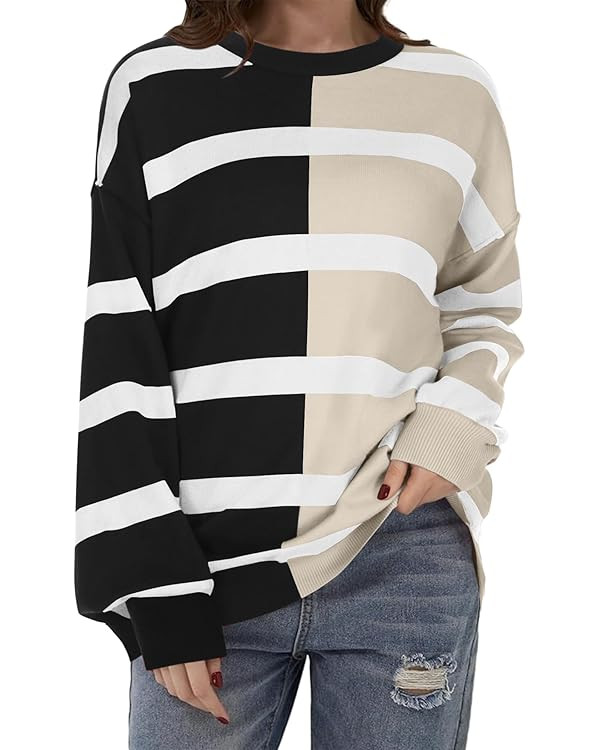 Zeagoo Womens Striped Oversized Sweater 2024 Crew Neck Long Sleeve Knitted Color Block Casual Loo... | Amazon (US)