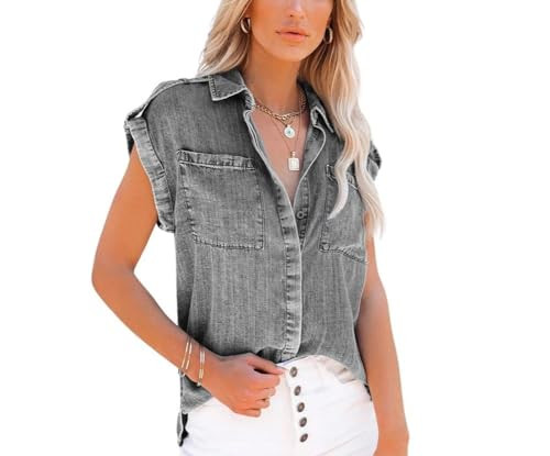 chouyatou Women's Casual Distressed Button Down Sleeveless Denim Jean Shirt Tops (Small, Grey) | Amazon (US)