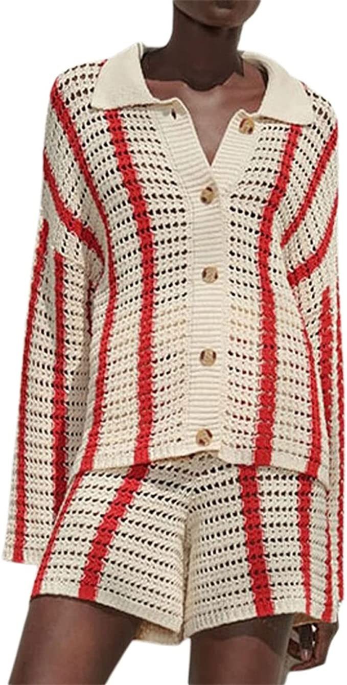 Crochet 2 Pieces Outfits for Women Color Block Hollow Out Knitted Cardigan and Short Pants Set Su... | Amazon (US)