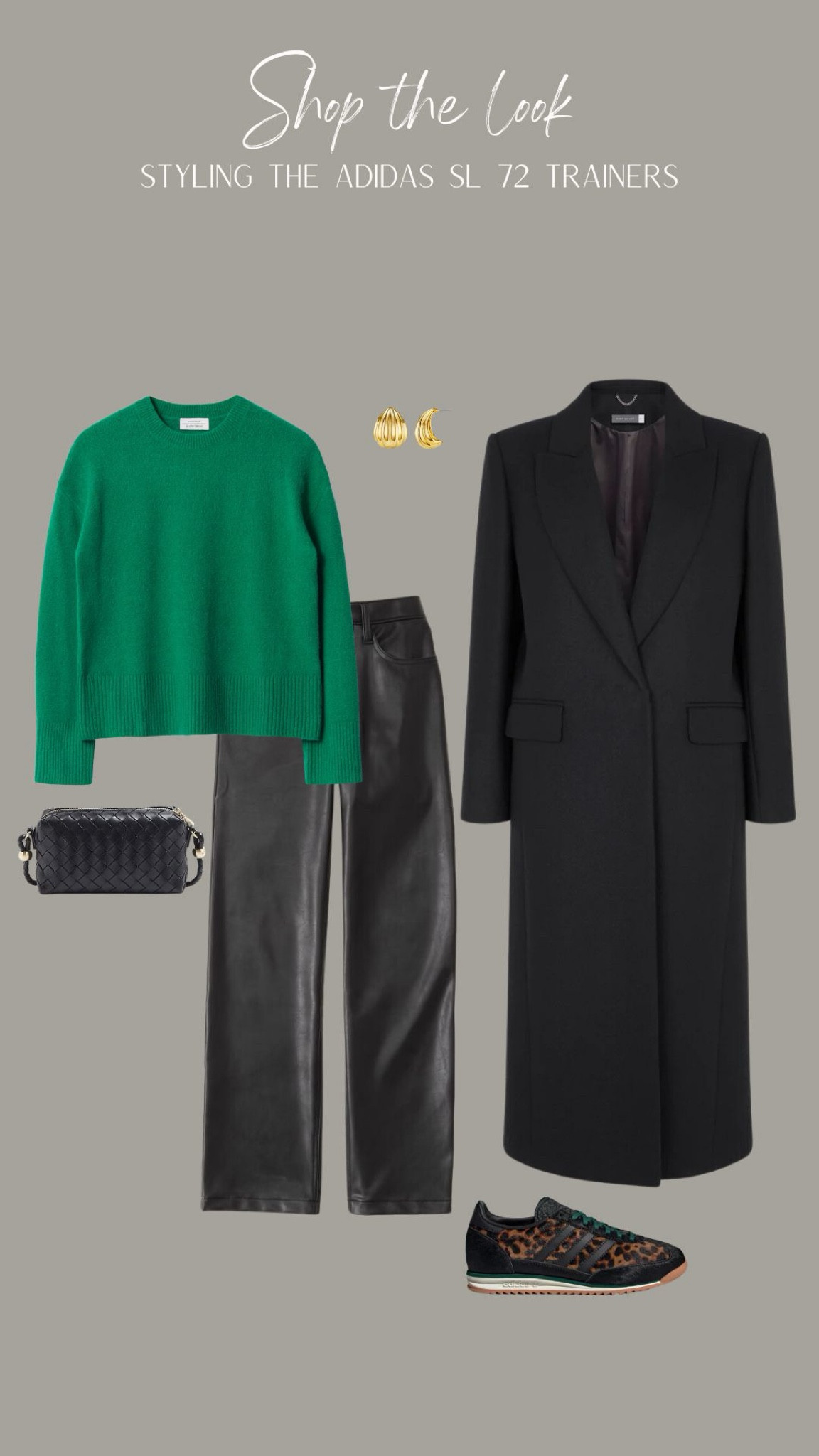 Styling the Adidas leopard print SL 72 trainers 

Faux leather trousers, colour pop jumper, black long coat, trainers, gold jewellery, green jumper 

#LTKstyletip #LTKeurope #LTKuk