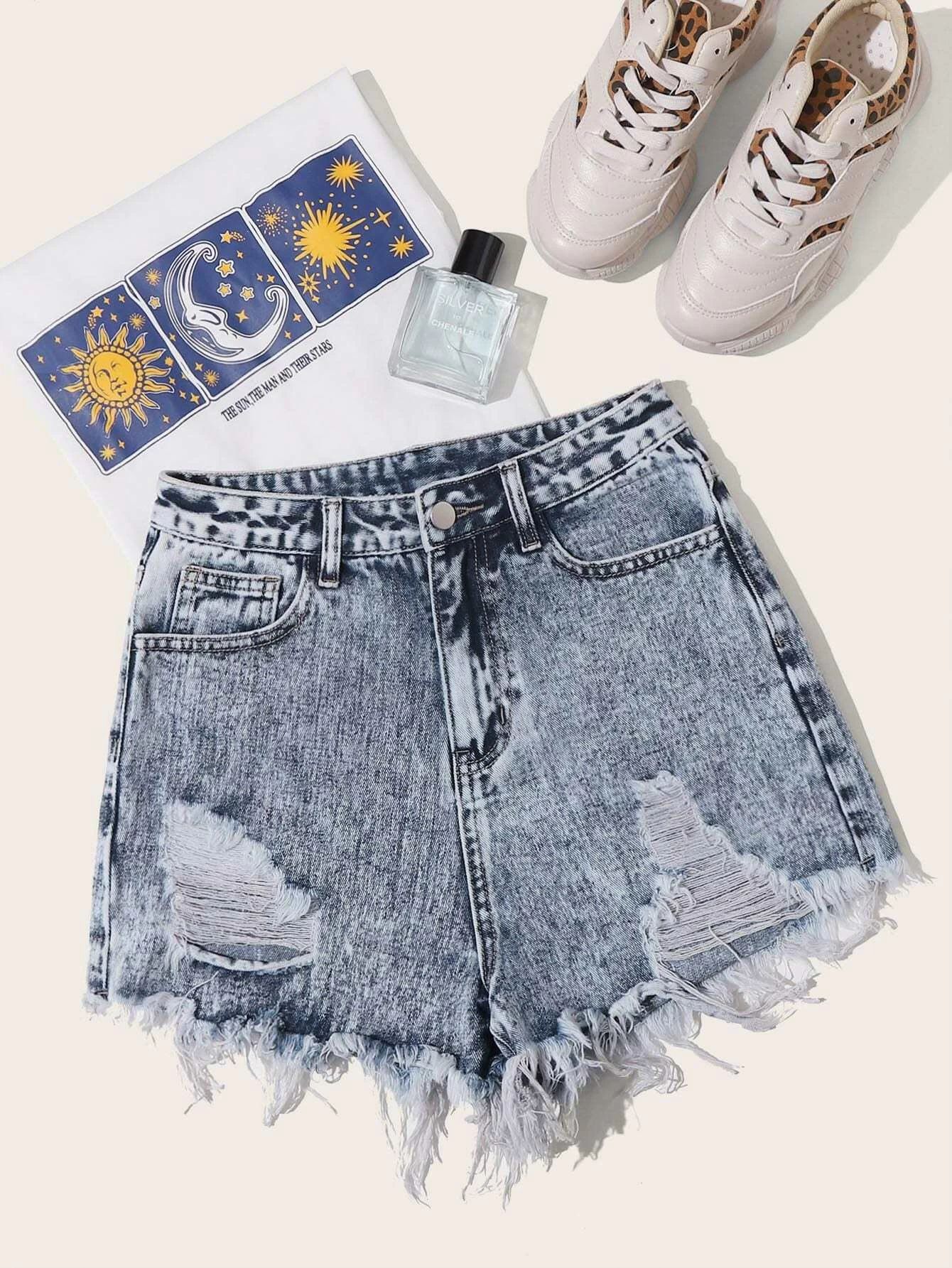 Ripped Raw Hem Denim Shorts | SHEIN