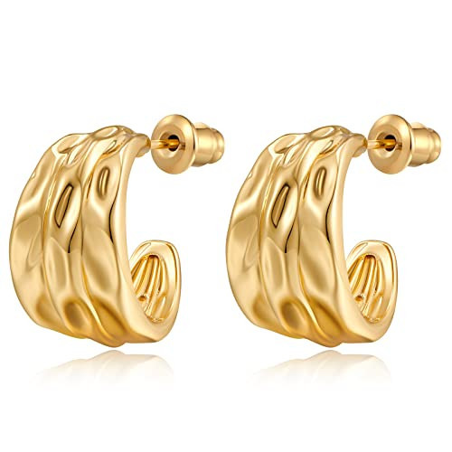 NEPULOY Gold Hoop Earrings for Women Gold Hammered Hoop Earring Post Hoop Gold Jewelry (Hoop G) | Amazon (US)