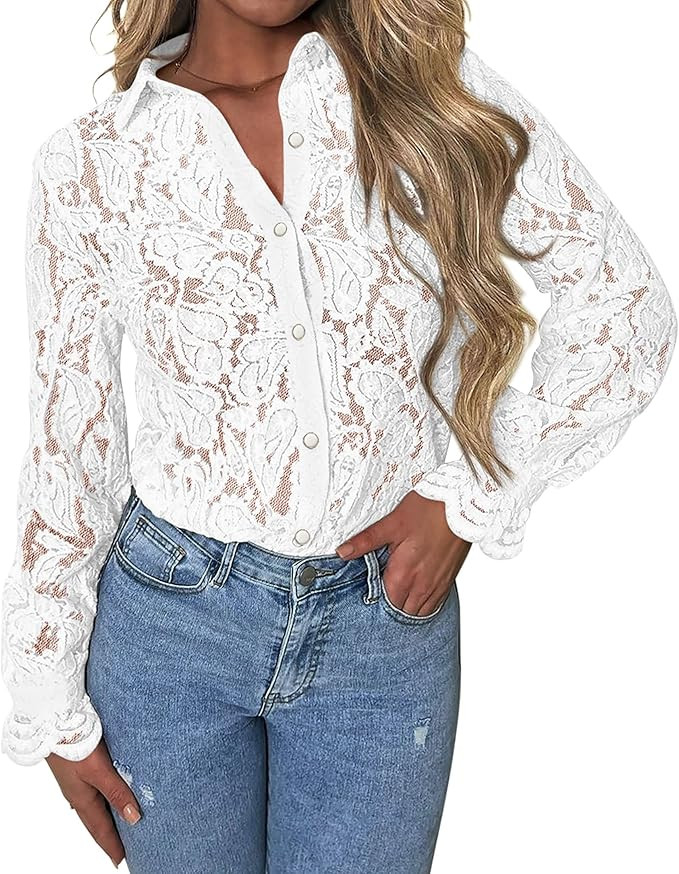 BTFBM Long Sleeve Lace Blouses for Women Dressy Casual Button Down Shirts Date Night Outfit Club ... | Amazon (US)