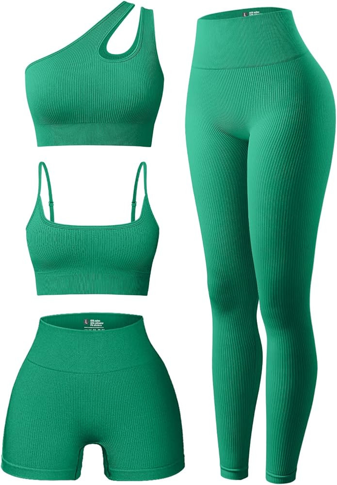 OQQ Women's 4 Piece Outfits Ribbed Exercise Scoop Neck Sports Bra One Shoulder Tops High Waist Sh... | Amazon (US)