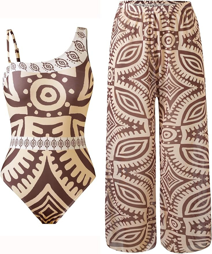 Women’s One Piece Swimsuit with Cover Up Set, One Shoulder Two Piece Bathing Suits with Wrap Sk... | Amazon (US)